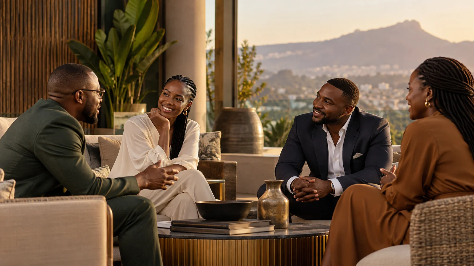 Four colleagues in conversation beside a city-view window
