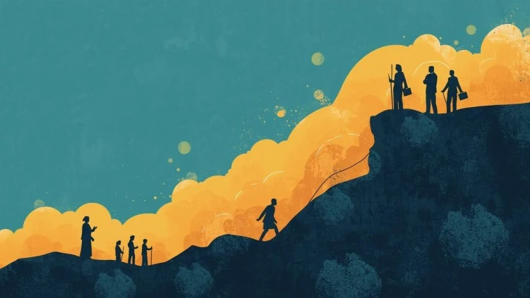 Illustration of people supporting one another towards a shared summit