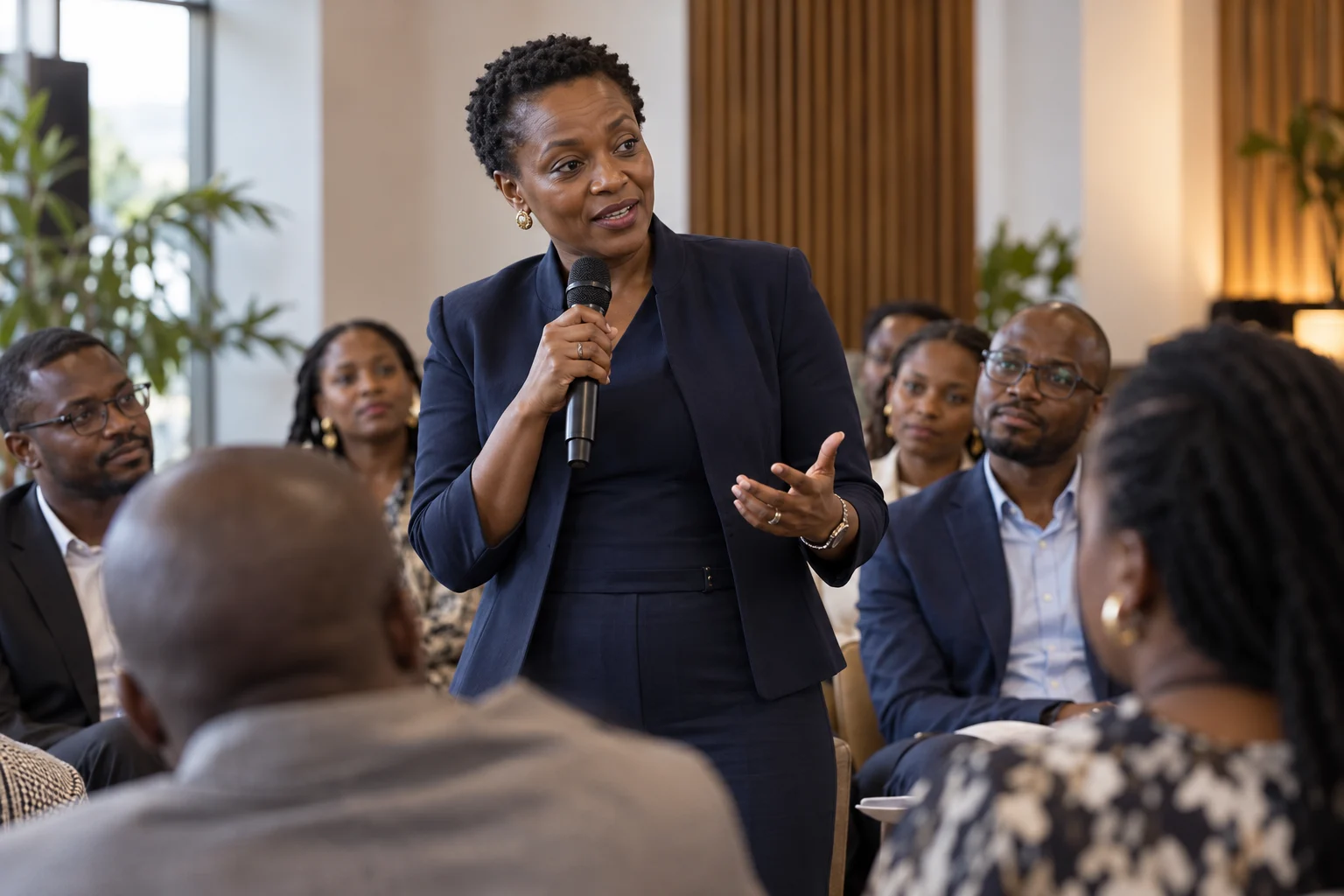 A woman facilitating a discussion with a seated group