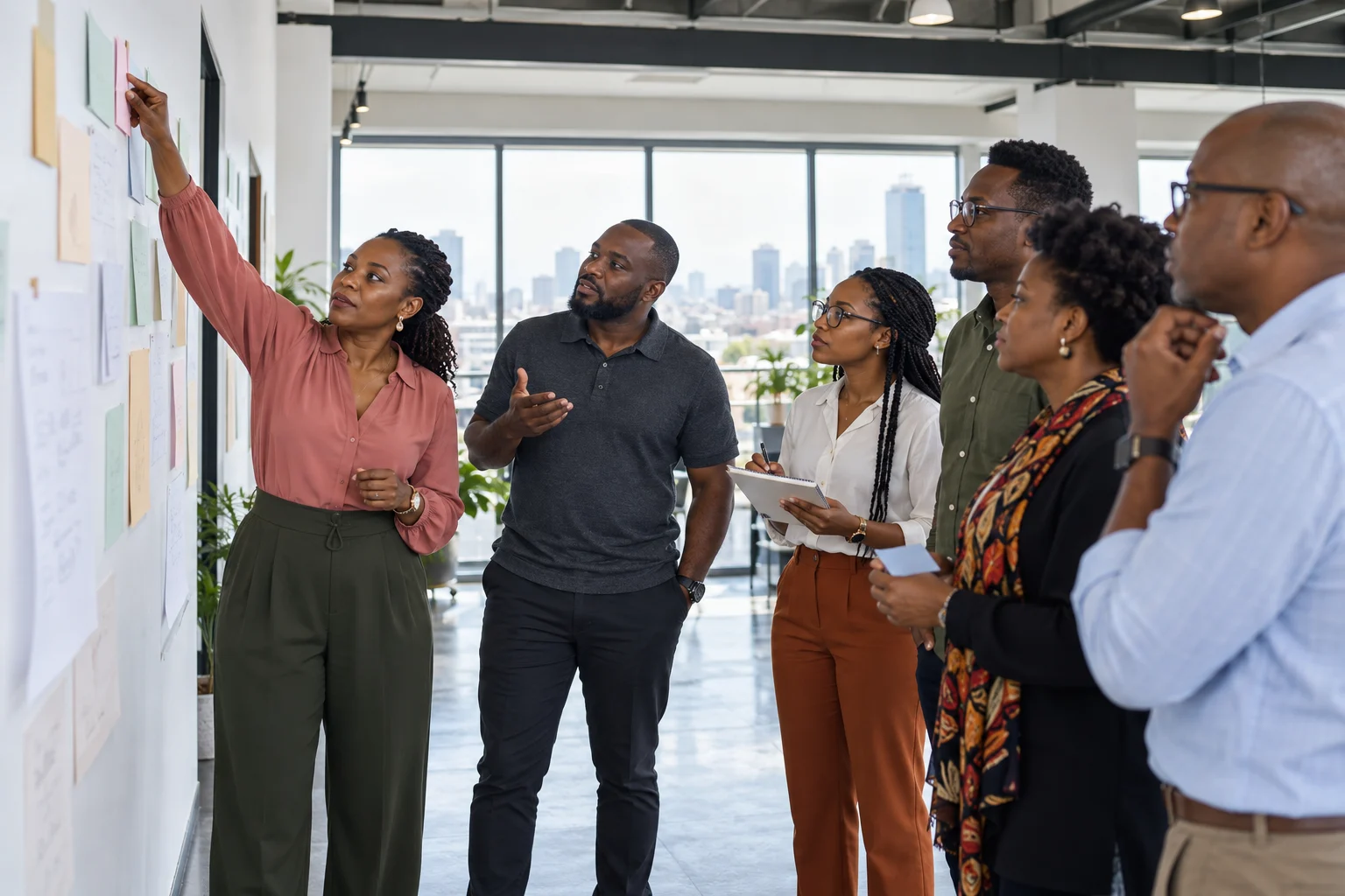A team discussing ideas on a wall during a workshop