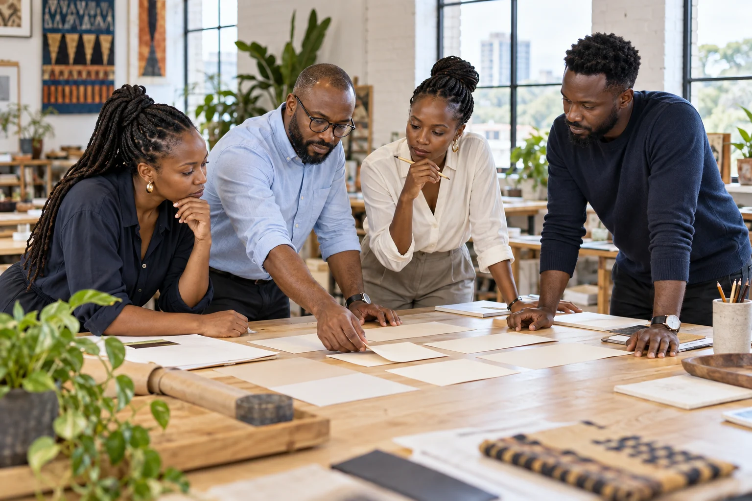 Colleagues reviewing plans together around a table